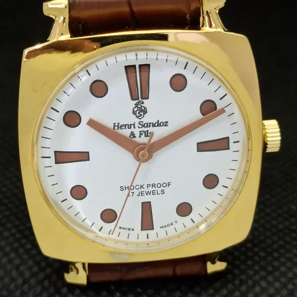Vintage 1969 Henri Sandoz Mens Gold Watch W/Leather Strap & White Face Brown Acn - Picture 2 of 9